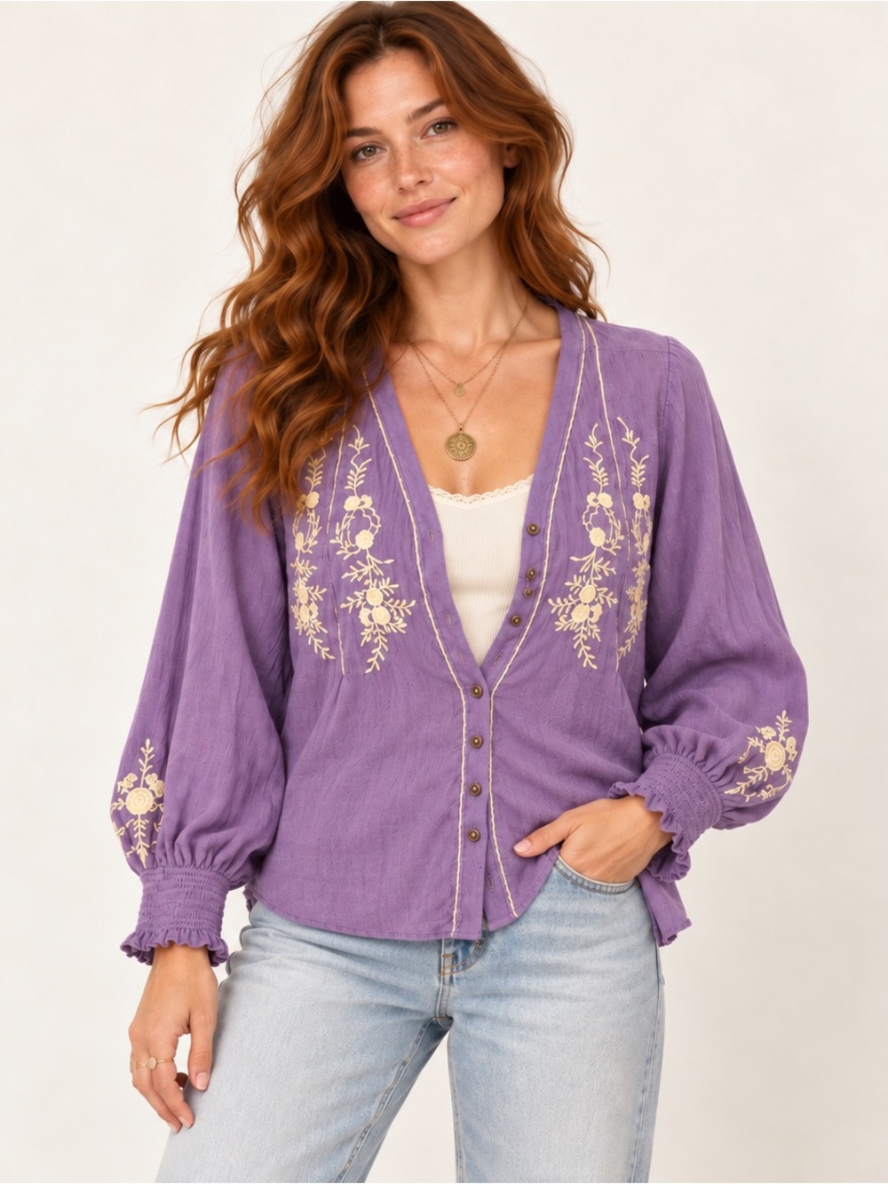 Free People Purple Embroidered Boho Balloon Sleeve Blouse Sweater Cardigan